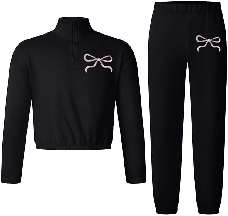Girl Sweatsuit 2 Piece Stand Up Collar Long Sleeve Zip Up Sweatshirt & Pants Spring Fashion Sweat Set With Bows 8-12Y - Image 4