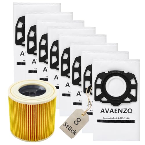 AVAENZO 8 Bolsas para Kärcher KFI 357 WD2 Plus/ WD3s /SE 4001/ SE 4002/ KWD1-3 / WD3.200, 1 filtro de cartucho KFI 3310 recambio aspiradora para karcher 2.863-314.0
