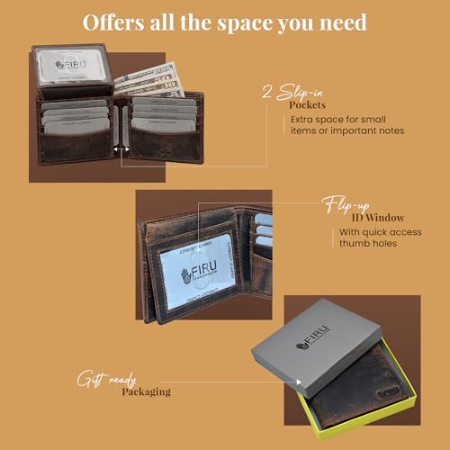 Handmade Leather Wallets for Men | RFID Blocking Bifold Wallet with 8 Card Slots 2 slip in pockets and 2 ID Windows3