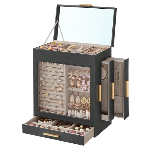 SONGMICS Jewelry Box with Glass Window, 5-Layer Jewelry Organizer with 3 Side Drawers, Jewelry Storage, with Big Mirror, Modern, 6.1 x 10.3 x 12.6 Inches, Slate Gray and Metallic Gold UJBC16