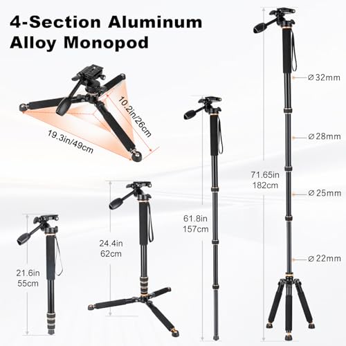 Image of Koolehaoda 71.6 inch Camera Monopod with 3-Way Pan Tilt Head & Detachable Feet | Aluminum Tripod & Monopod Photography Unipod Stick for DSLR, Camcorder, Vlog & Sports Shooting