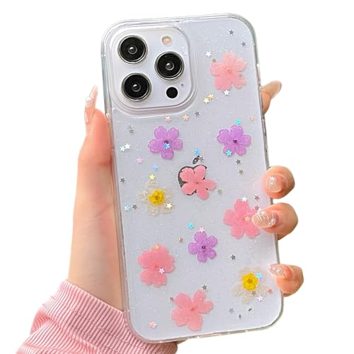 Cute Real Floral for iPhone 14 Pro Max Case, [Handmade Pressed Flowers Inside] Clear Sparkly Shockproof Protective Women Phone Cover for iPhone 14 Pro Max 6.7 Inch (Pink)
