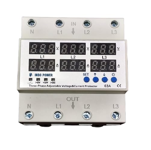 DeHMY 3-Phase Automatic Over/Under Voltage Protector with Over Current Protection, Auto-Reconnect with Phase-Loss and Phase-Imbalance Protection 63A 220VAC (White)-Make Indo Power