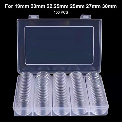 Preisvergleich Produktbild Münzaufbewahrungsbox für Münzsammelmaterial, 100 Stück 30 mm Münzkapseln und 5 Größen (19 / 20 / 22,25 / 25 / 27 / 30 mm) Schützen Sie den Münzkassettenhalter