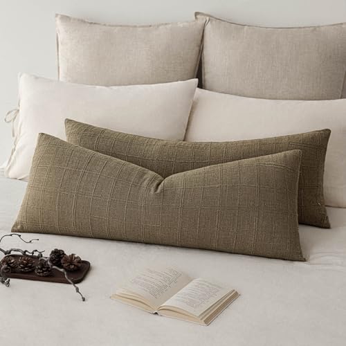 Image of Foindtower Set of 1 Decorative Linen Check Throw Pillow Cover Neutral Long Body Lumbar Cushion Cover Farmhouse Vintage Boho Home Decor for Sofa Chair Couch Bedroom Living Room,14x36 Inch,Light Brown