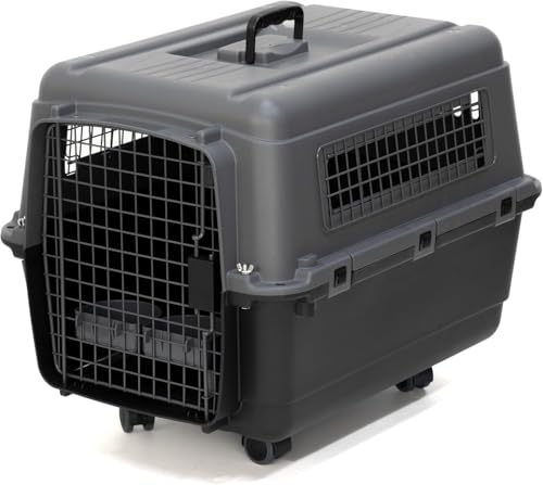 SportPet Airline Compliant Medium Travel Dog Kennel - Durable Plastic Airline Pet Carrier w/Removable Wheels & Food Bowls, Collapsible Indoor/Outdoor Dog Kennel, Dogs up to 23' L & 15' H - Dark Gray