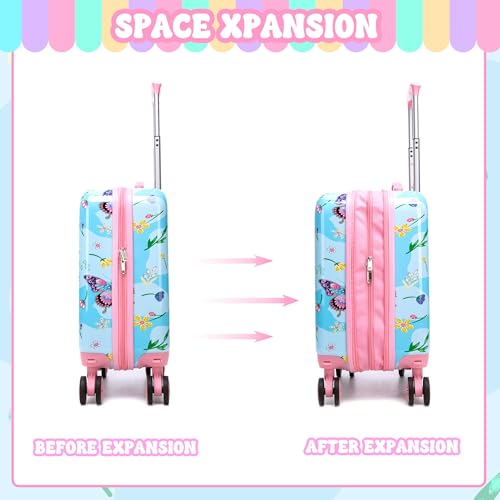 Image of Kids Luggage Set 2 Pcs Carry On Rolling Suitcase with U shaped Pillow Butterfly Toddler Suitcase for Girls Hardside Luggage with Spinner Wheels Airline Approved