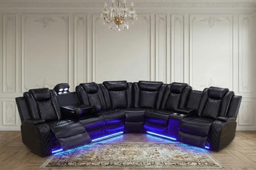 Ocstta Power Recliner Sectional Sofa with LED, Breathing Leather Sectional Couch for Living Room, Reclining Corner Couch with USB Port&Cup Holder (Black)
