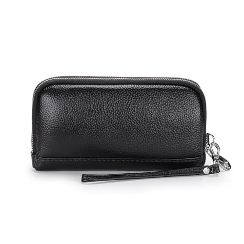 NIGEDU Bolsa clutch feminina de couro genuíno com zíper duplo porta-cartões com alça de pulso, Preto