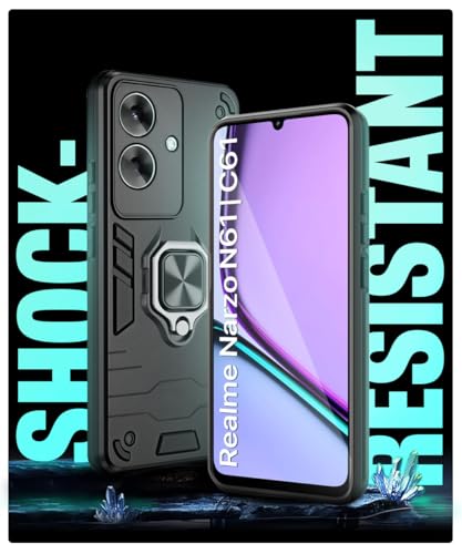 Image of WOW IMAGINE Shock Proof Back Case Mobile Cover for Realme Narzo N61 | Realme C61 (Tough Armor | Hybrid PC + TPU | Full Protection with Ring Holder & in-Built Kickstand | Black)