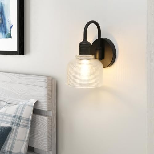 Image of Yosoan Brass Boho Vintage Wall Sconce with Striped Shade, 1-Light Modern Vanity Light Industrial Single Wall Mounted Hardwired Bowl Texture Glass Shade for Living Room Bedroom Kitchen Hallway(Black)