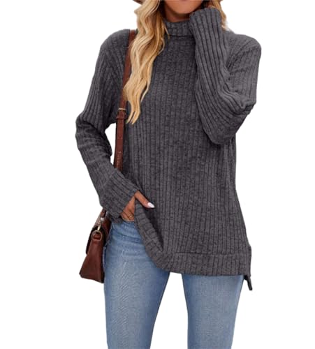 Womens Tunic Tops Turtleneck Long Sleeve Side Split Lightweight Sweaters Casual Fall Winter Thermal Tshirts Tops