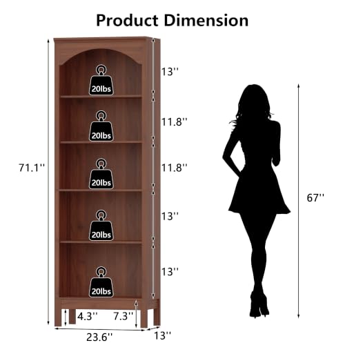 Image of 71 inch H Tall Bookshelf & Bookcase, Arched Book Shelf with 5-Tier Open Shelves, Walnut