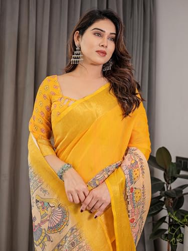 Image of ALMAARI FASHION Handloom Cotton Saree, Yellow with Traditional Floral Print and Lotus Motifs, 5.5 Metre with Blouse Piece
