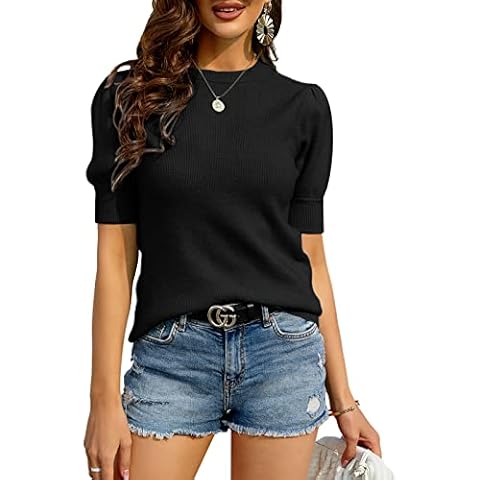 Zbyclub Womens Puff Short Sleeve Sweaters Pullover Shirt Tops Crew Neck Lightweight Knit Sweater Blouses A-Black Cover