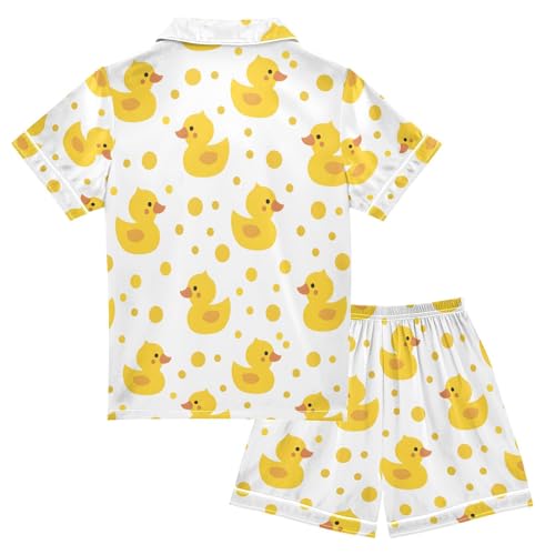 ALAZA Cute Yellow Duck Polka Dot Pajamas Satin Pajama Set Short Sleeve Button Down Sleepwear2