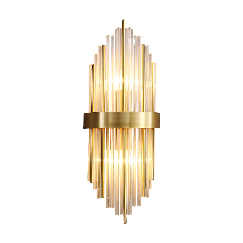 Image of Modern Brushed Titanium Gold Wall Sconce, Clear Glass Crystal Luxury Wall Light with Two E14 Bulbs, for Bedroom, Living Room, Bathroom Mirrors, Dressing Table, Bedside Table, Staircase, and Hallway
