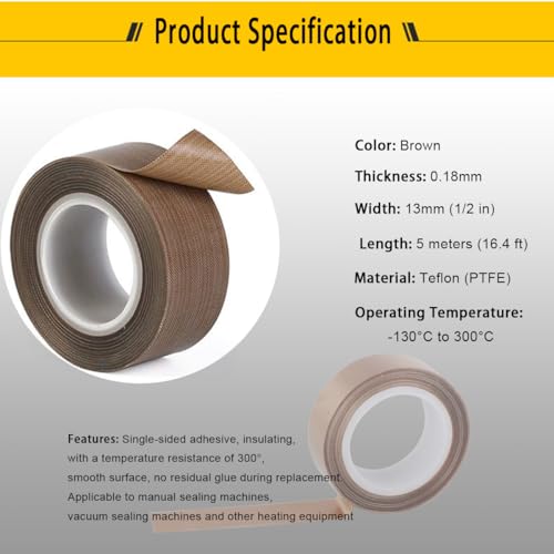 Image of PTFE Coated Fabric Tape Teflon Adhesive Tape High Temperature Vacuum, Hand and Impulse Sealers Machine Sealing Tape 0.18mm Thick (13mm-5M)