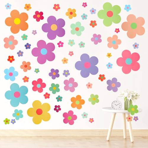 COMNICO 63pcs Cute Flowers Wall Sticker PVC Colorful Y2k Floral Wall Decor Vinyl Peel and Stick Flowers Stickers for Teen Girls Boy Kids Nursery Bedroom Kindergarten(9 Sheets, Bright Colors)
