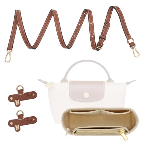 MoKo 2Sets Leder Mini Tasche Organizer für Longchamp Filz Geldbörse einfügen Organizer Mini Tasche Ersatz verstellbare Punch-Free Schnalle Riemen Braun