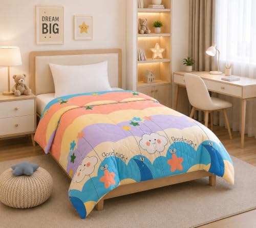 Image of Filymore Good Night Comforter for Kids Girls - Cute Cartoon Print Single Bed Blanket, Microfiber Dohar for Boys & Girls | Soft Kids Winter & Summer Quilt |60x90 Inches (Beige)