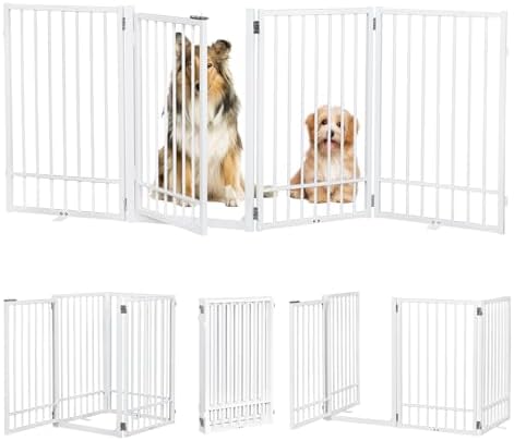 Metal Freestanding Dog Gate with Door, Extra Wide 81", 31" Height Foldable Dog Gates for Doorways, Tall Dog Fence Indoor Outdoor Pet Gates, 4 Panels Pet Barrier for Stairs Hallways, White