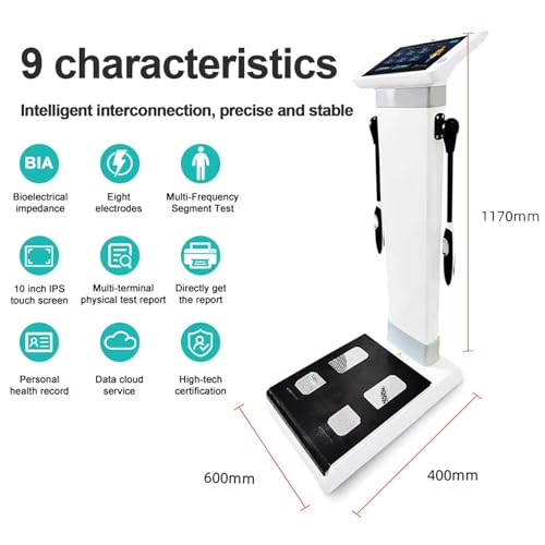 Bilancia per la misurazione del Grasso corporeo con 8 elettrodi - Schermo HD da 10,1 Pollici con Touch Screen, Altezza, Peso, analisi Completa della Composizione corporea e Stampante BMI