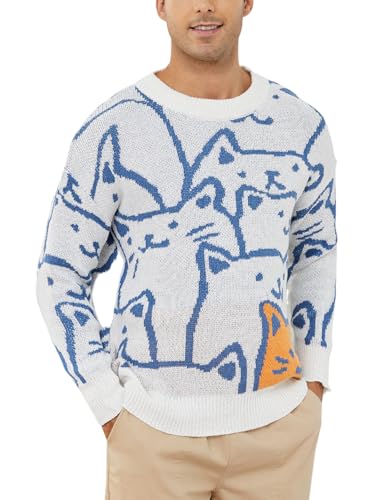 Gihuo Mens Graphic Pullover Sweaters Vintage Loose Sweaters Crewneck Long Sleeve Knitwear Cute Argyle Print Knit Top