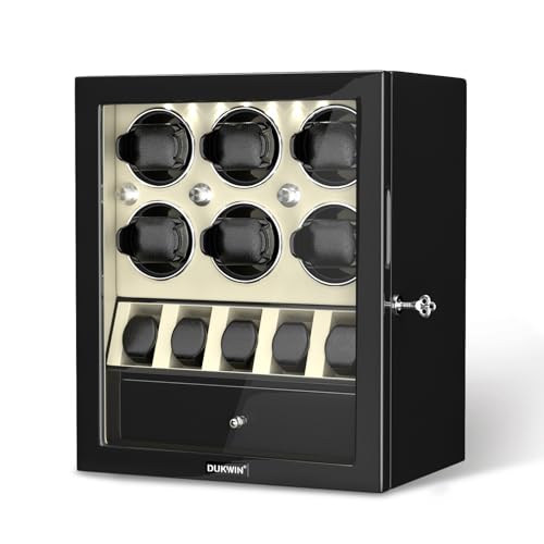 Image of DUKWIN Watch Winder for Automatic Watches, White Lockable Watch Winders with Extra Watch Storage, Jewelry Storage, 4 Rotation Modes, LED Light, Super Quiet Mabuchi Motor and Spring Watch Pillows