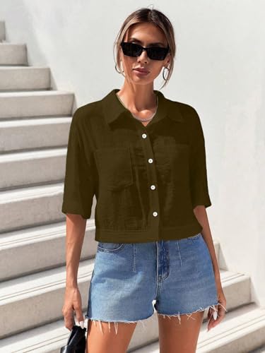 Image of TOPLOT V-Collar Solid Crop Shirt for Women with Half Sleeves, Polyester, Regular Fit