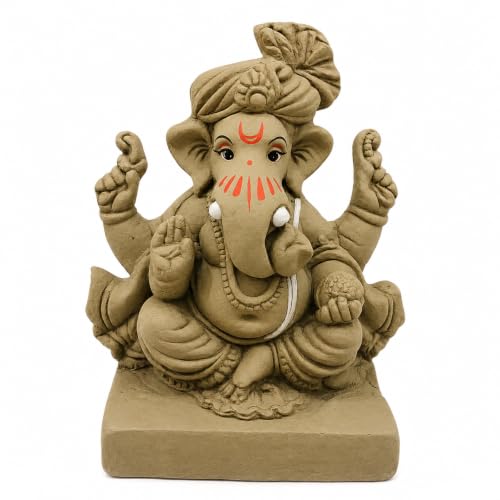 Image of Clay Ganesh Idol, 4 Inches Height, Water Soluble Ganpati Murti for Ganpati Visarjan (Small) (Natural Brown - Turban Ganesha)