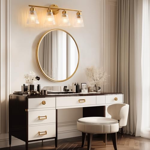 Image of 4-Light Bathroom Vanity Light, Painted Gold Bathroom Light Fixtures Over Mirror with Stripe Glass, Modern Wall Lamp, Wall Sconces Lighting for Living Room Bedroom Kitchen Hallway