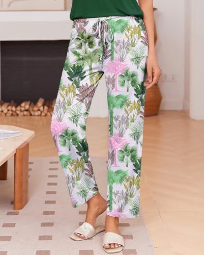 Image of Ekouaer Pajama Sets for Women Round Neck Pjs Short Sleeve Sleepwear with Long Pants Loose Lounge Sets