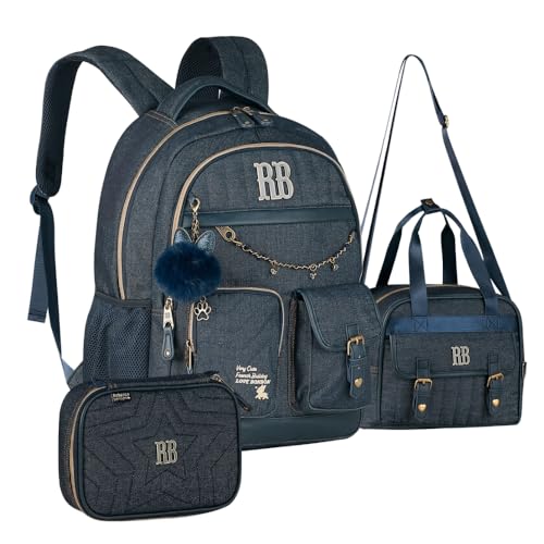 Kit Mochila RB Rebecca Bonbon Jeans Premium com Lancheira e Estojo Box
