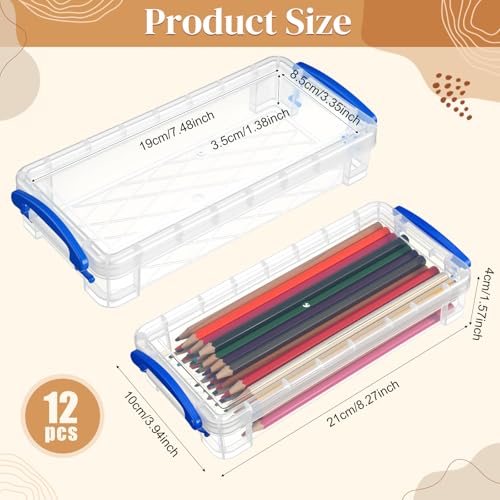 Image of Gueevin 12 Pcs Large Capacity Plastic Pencil Box Clear Plastic Pencil Case Crayon Box with Snap Tight Lid Watercolor Pen Storage Brush Organizer Drawing Tools Container (Blue)