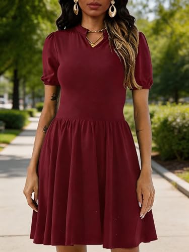 Image of Women's V Neck Summer Dress Puff Short Sleeve Flowy Stretchy Flowy Comfort Fit for Daily Wear Work Midi Casual Dresses