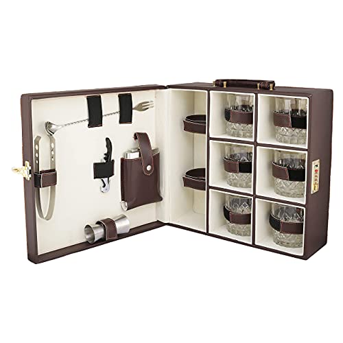 Image of Anything & Everything Big Premium Bar Set With 6 Whiskey Glasses | Portable Leatherette for Picnic, Travel, and Car (Brown)