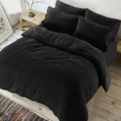 Teddy Bear Fleece Duvet/Quilt Cover with matching Pillowcases- 100% Polyester Soft Cosy Easy Care Thermal Warm Bedding Set Single, Double, King, Super King (Black, Single)