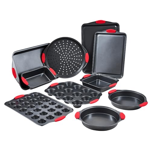 VEVOR Baking Pans Set, 10-Piece, Nonstick Carbon Steel Cookware Sheets & Trays, Stackable Kitchen Oven Bakeware Cooking Sets with Silicone Handles, Easy to Clean, for Baking Cookie Cake Muffin Bread