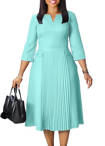 Image of Work Midi Dress for Women 3 /4 Sleeve Vintage Ruffle A-line Pleated Dress Elegant Church Dress V Neck Business Casual Outfits