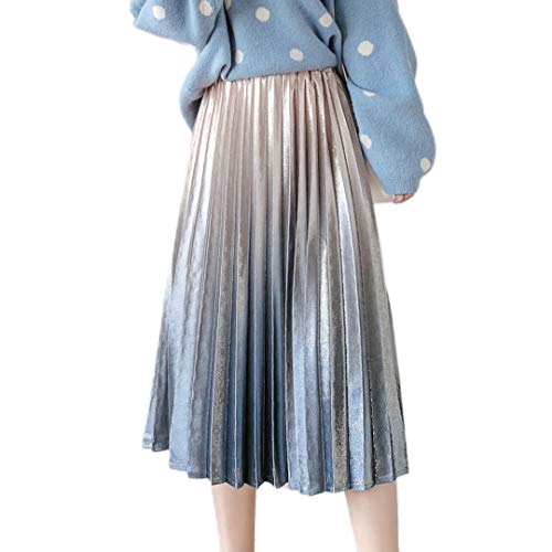 jascaela Womens Gradient Color Velvet Flared Skirt Elastic High Waist A Line Swing Pleated Midi Skirt (Apricot-L)