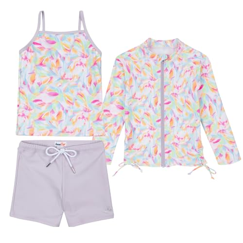 Image of SwimZip Girls' 3 Pc Swim Set w /Long Sleeve Rash Guard, Tankini & Shorts UPF 50+