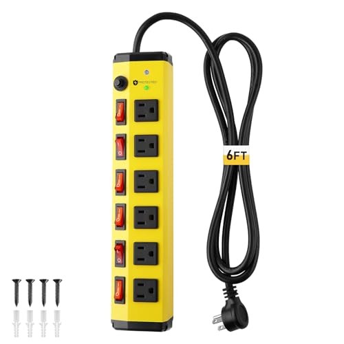KeBen Heavy Duty Power Strip with Individual Switches 6 Outlet Metal Power Strip with Surge Protector 1200 Joules Flat Plug Design 6FT 14AWG Extension Cord 15A 1875W- Wall Mountable