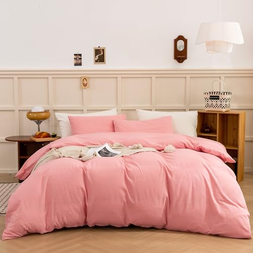 Image of ECOCOTT Pink Duvet Cover Queen Size - Linen Feel Organic Natural 100% Washed Cotton, Soft Breathable 3 Pieces Bedding Set with Zipper Closure