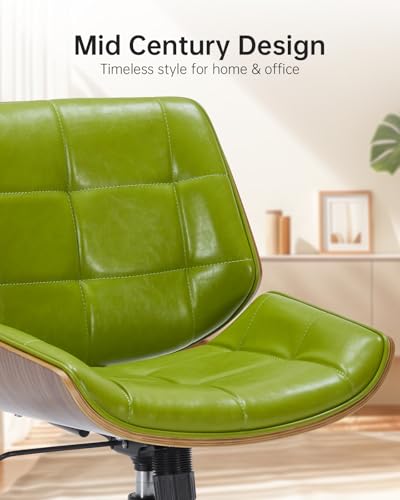 Image of Mid-Century Modern Home Office Chair,Accent Ergonomic Desk Chair with Walnut Finish&PU Leather,Armless Executive Computer Chair with 360 Swivel Rolling Wheels for Vanity, Bedroom&Workspace (Green)