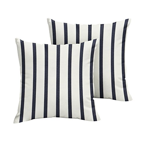 Mozaic AMPS105811 Indoor Outdoor Sunbrella Square Pillows, Set of 2 20 x 20 White & Indigo Blue Stripes