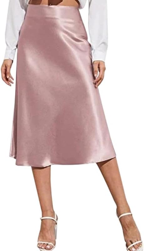 Women's Chiffon Silk Midi Skirt High Waist Solid Color Satin Dres...