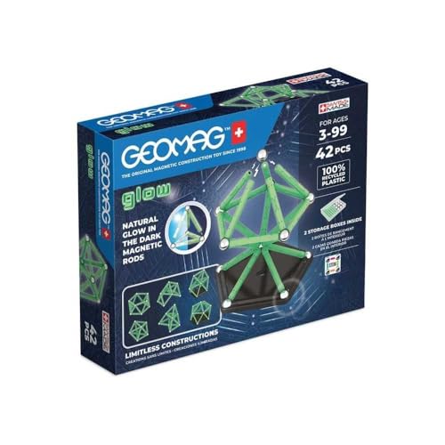 Geomag Glow 42 Pièces Jeu de Construction Magnétique Phosphorescent pour Enfants dès 100% Plastique Recyclé Brille dans Le Constructions Aimantées STEM Fabrication Suisse