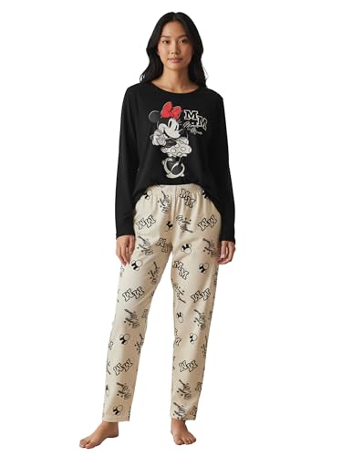 Pyjama Disney Minnie Mouse pour femme - Ensemble pyjama MM - Haut à manches longues avec pantalon - Noir/gris, noir/gris, M