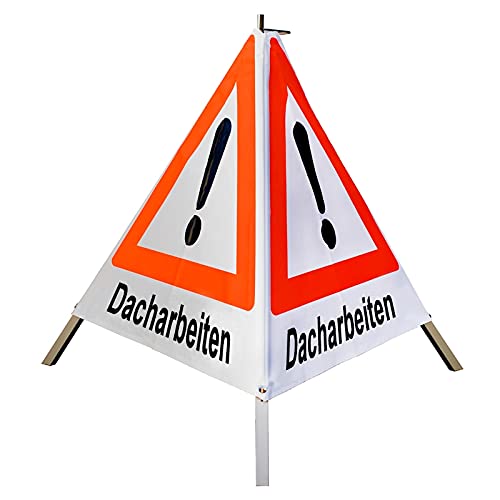 Warnpyramide/Faltsignal - Dacharbeiten - VZ101-Ausrufezeichen (1 - tagesleuchtend weiß, 70 cm leicht mit Mittelfuß)